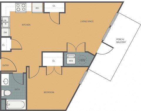 Floor plan for 1 bed, 1 bath, 658 sqft